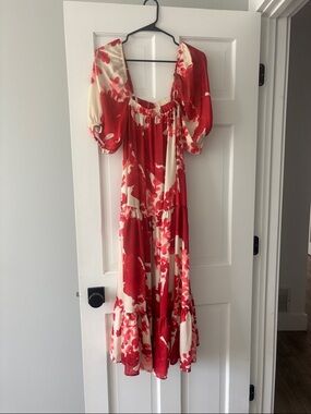 Mango Red and Cream Floral Tiered Midi Dress